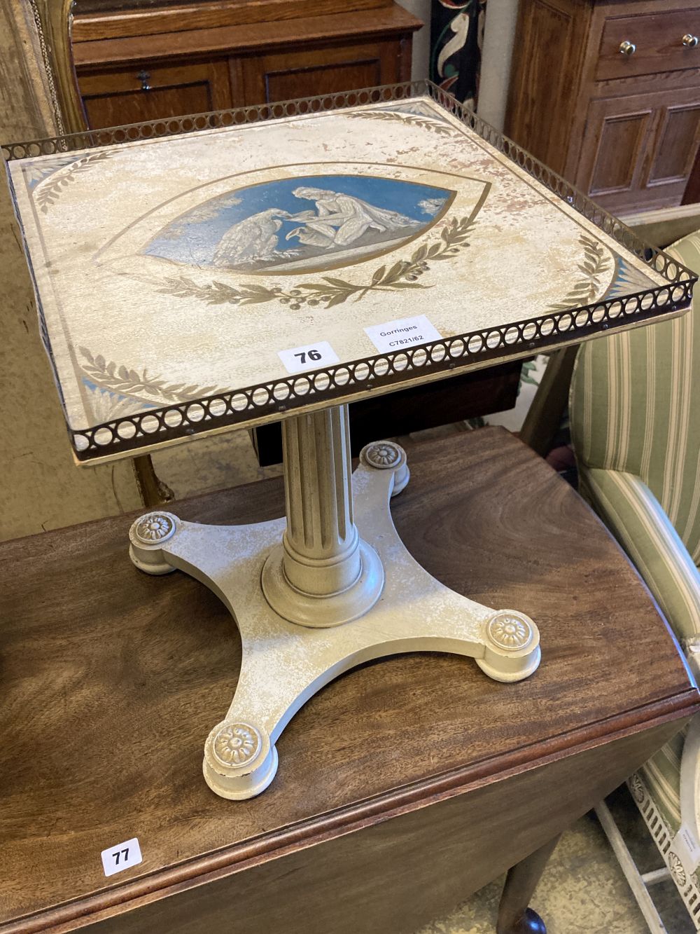 A Regency style square topped table, painted with a classical scene, width 38cm, height 46cm